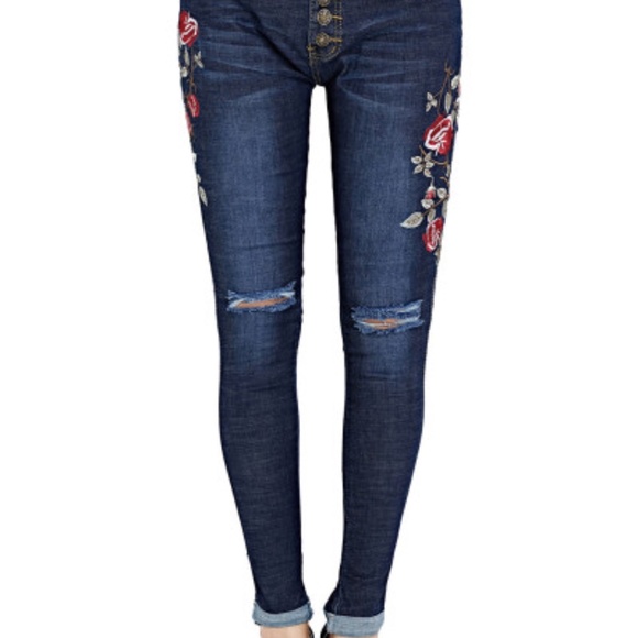 4xHP💝Floral embroidered distressd skinny jeans sz small - Picture 3 of 4